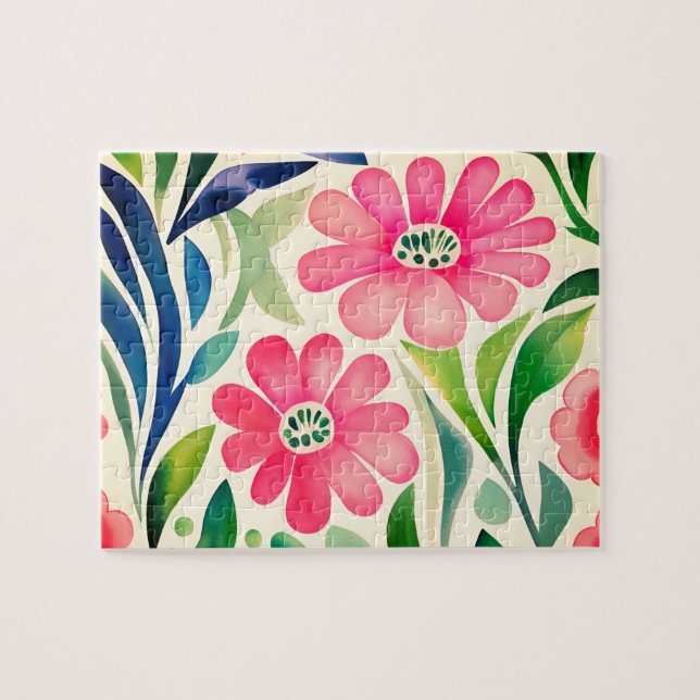 Pink Watercolor Flowers Art  Jigsaw Puzzle (Horizontal)