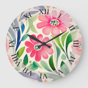 Pink Watercolor Flowers Art  Large Clock