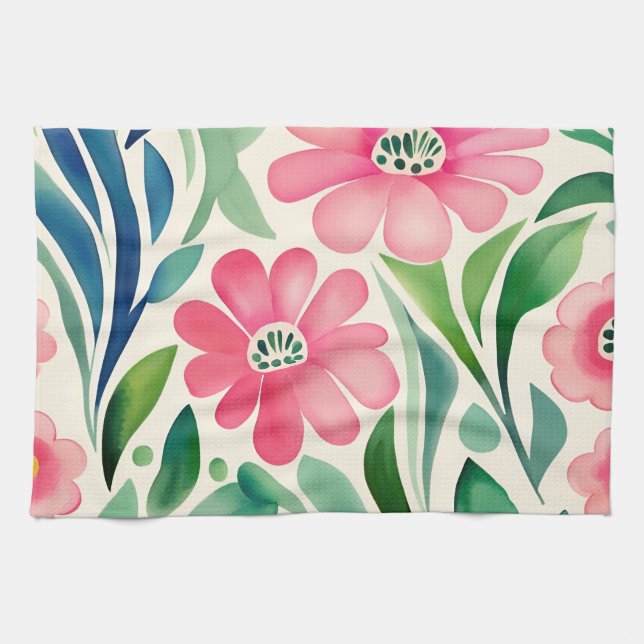 Pink Watercolor Flowers Art  Tea Towel (Horizontal)