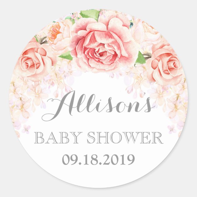 Pink Watercolor Flowers Baby Shower Favour Classic Round Sticker (Front)