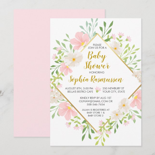 Pink Watercolor Flowers Baby Shower Invitation (Front/Back)