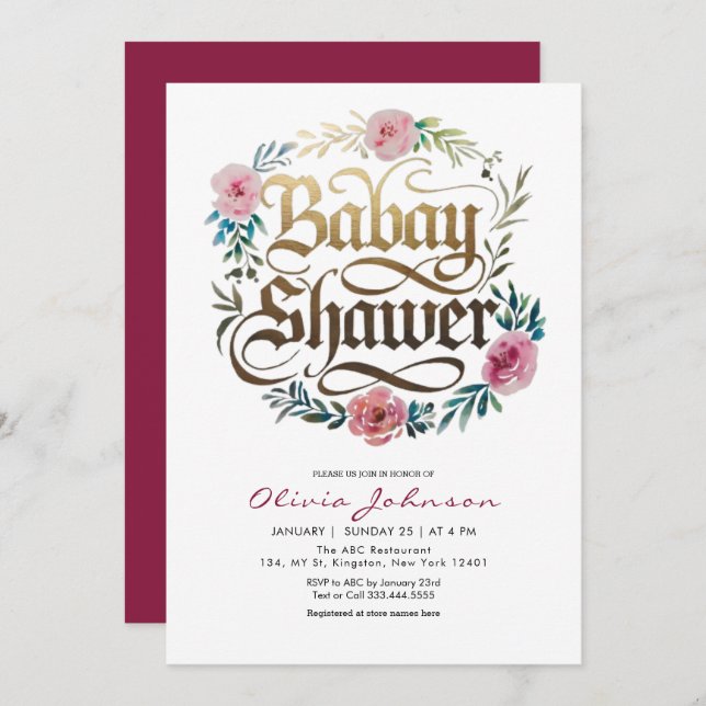 Pink Watercolor Flowers Baby Shower Invitation  (Front/Back)