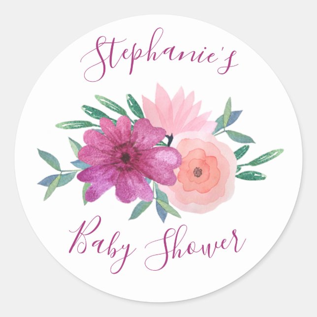Pink Watercolor Flowers Baby Shower Personalised Classic Round Sticker (Front)
