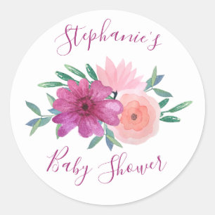 Pink Watercolor Flowers Baby Shower Personalised Classic Round Sticker