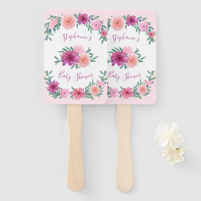 Pink Watercolor Flowers Baby Shower Personalised Hand Fan (Front and Back)