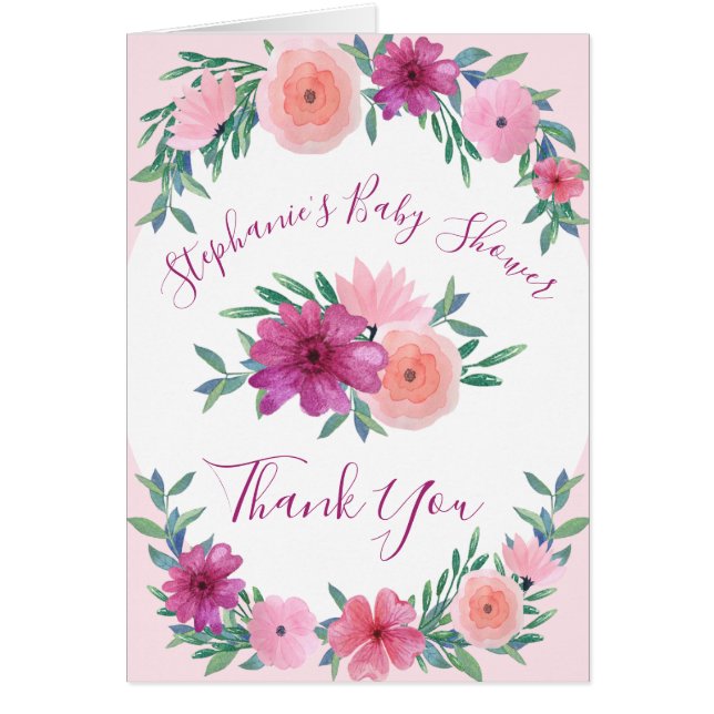 Pink Watercolor Flowers Baby Shower Thank You (Front)