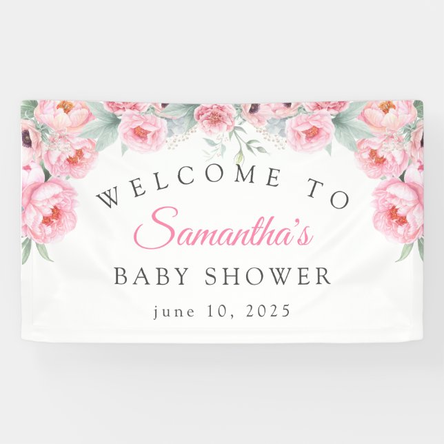 Pink watercolor Flowers, Baby Shower, Welcome Banner (Horizontal)