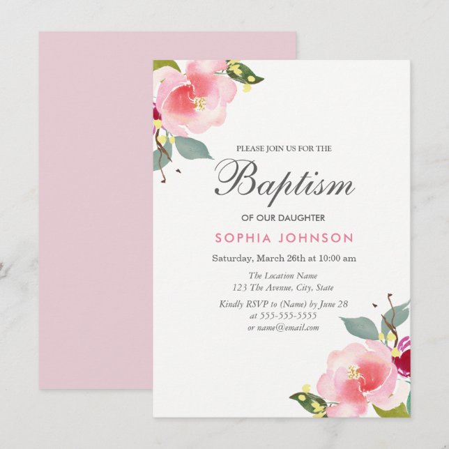 Pink Watercolor Flowers Baptism Christening Invite (Front/Back)