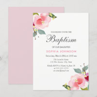 Pink Watercolor Flowers Baptism Christening Invite