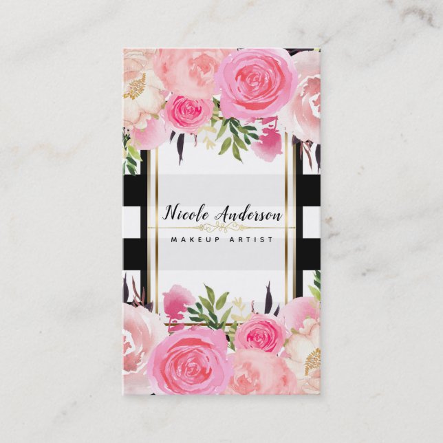 Pink Watercolor Flowers Black White Stripes Classy Business Card (Front)