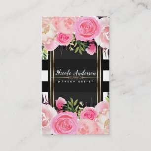 Pink Watercolor Flowers Black White Stripes Classy Business Card