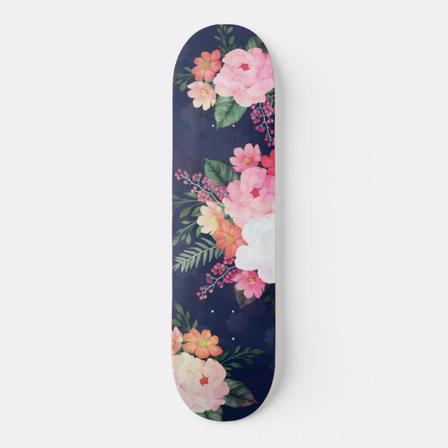 Pink Watercolor Flowers Blue Design Skateboard (Front)