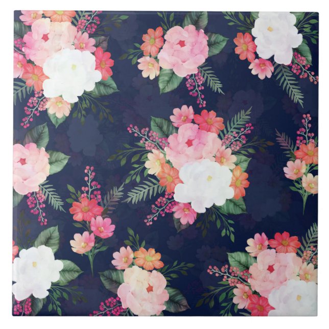 Pink Watercolor Flowers Blue Design Tile (Front)