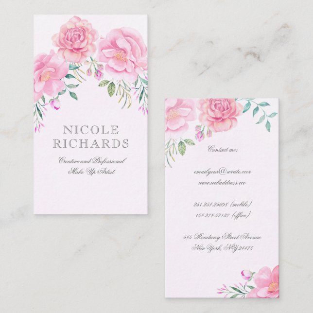 Pink Watercolor Flowers Bouquet Elegant Beauty Business Card (Front/Back)