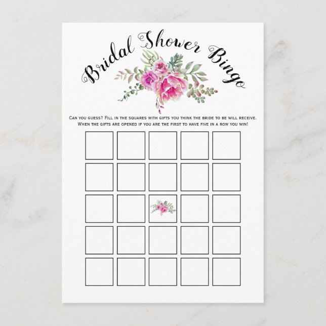 Pink watercolor flowers bridal bingo game card (Front)