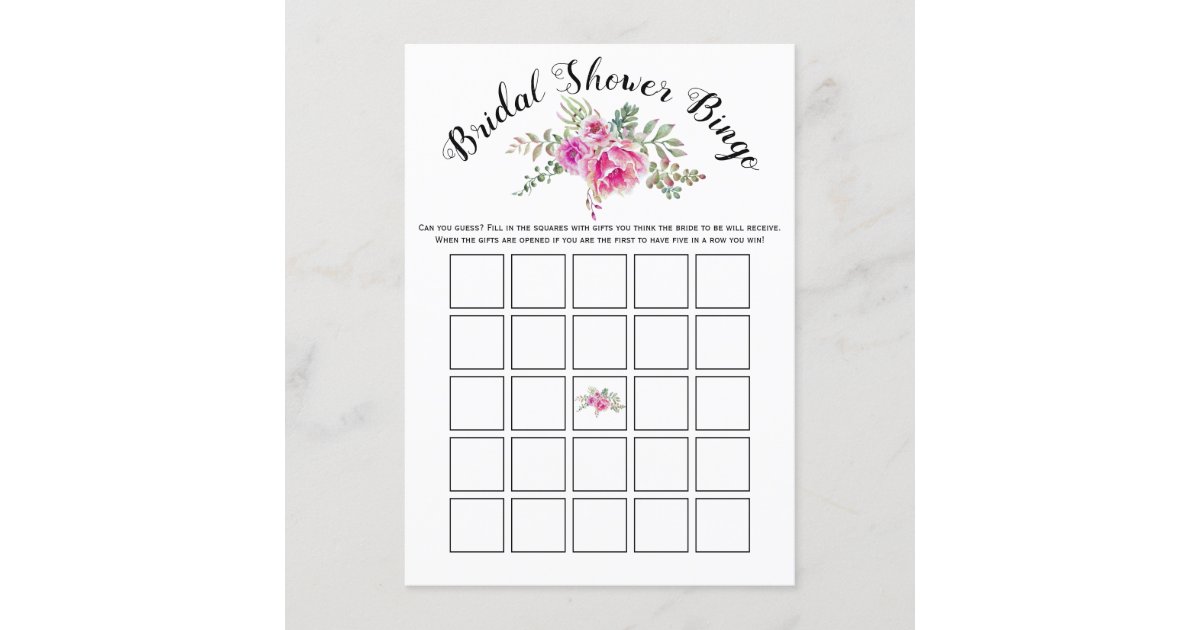 Pink watercolor flowers bridal bingo game card | Zazzle
