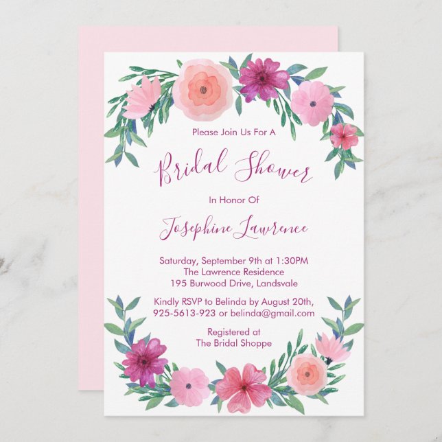 Pink Watercolor Flowers Bridal Shower Invitation (Front/Back)