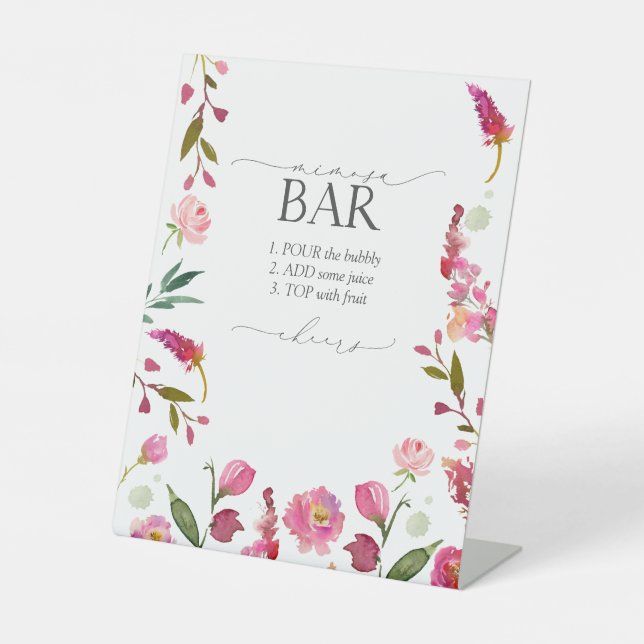 Pink Watercolor Flowers Bridal Shower Mimosa Bar Pedestal Sign (Front)