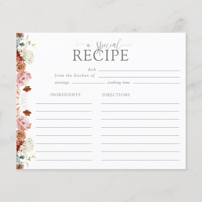 Pink Watercolor Flowers Bridal Shower Recipe Card (Front)