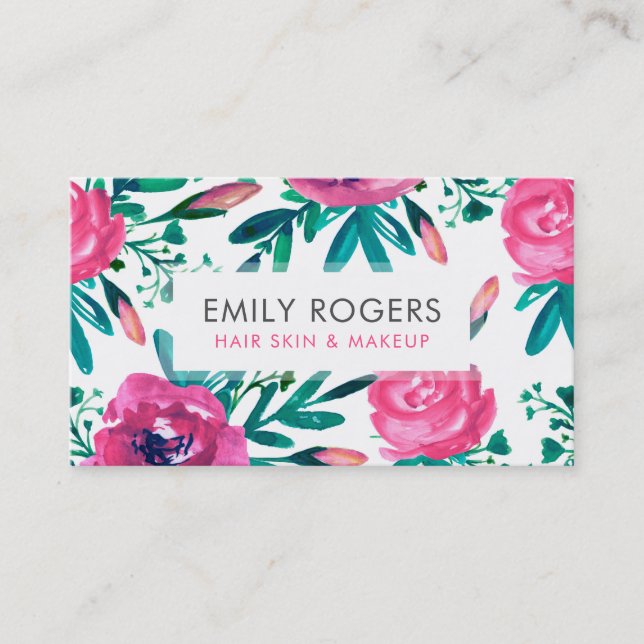 Pink Watercolor Flowers Business Card (Front)