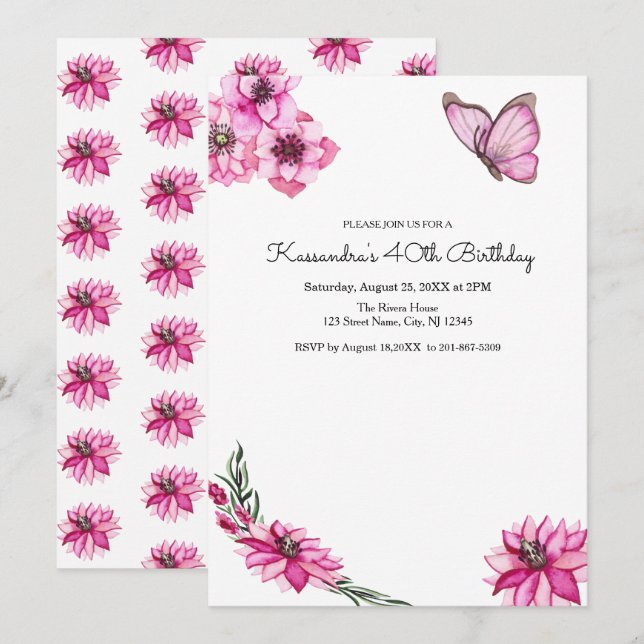 Pink Watercolor Flowers & Butterfly Birthday Invitation (Front/Back)