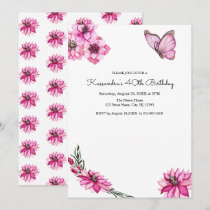 Pink Watercolor Flowers & Butterfly Birthday Invitation