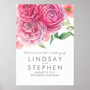 Pink Watercolor Flowers Chic Wedding Welcome Sign