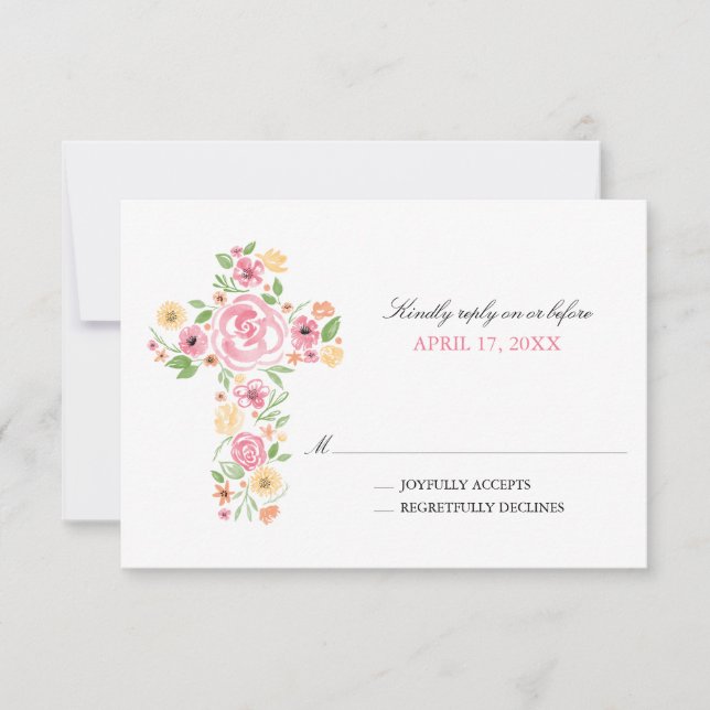 Pink Watercolor Flowers Cross First Holy Communion RSVP Card (Front)