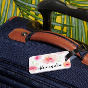 Pink Watercolor Flowers Custom Name Luggage Tag