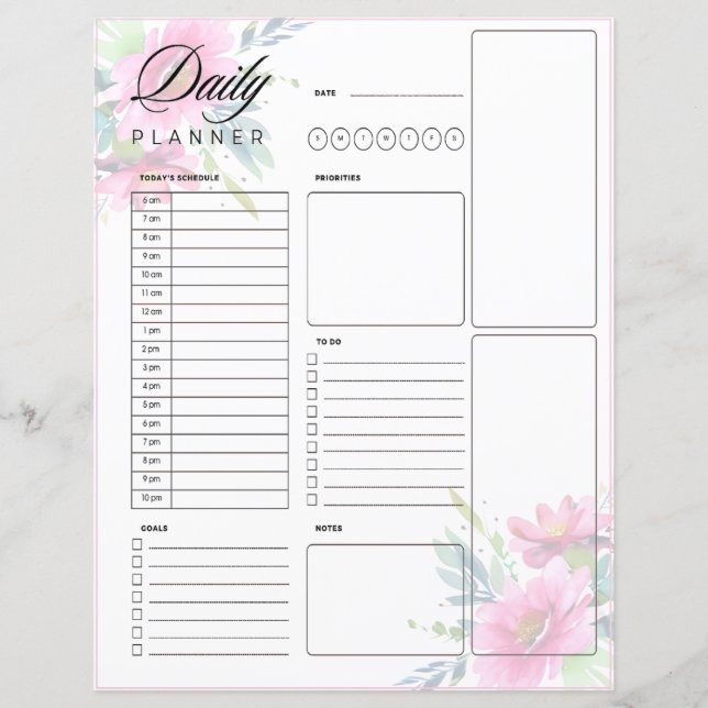 Pink watercolor flowers daily planner sheet (Front)