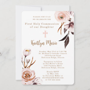 Pink Watercolor Flowers Daughter First Communion Invitation