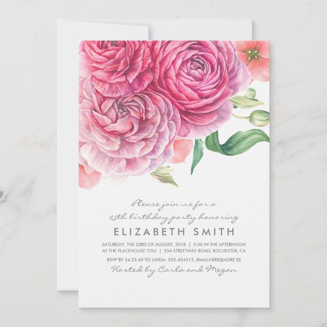 Pink Watercolor Flowers Elegant Birthday Party Invitation (Front)