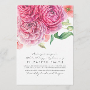 Pink Watercolor Flowers Elegant Birthday Party Invitation