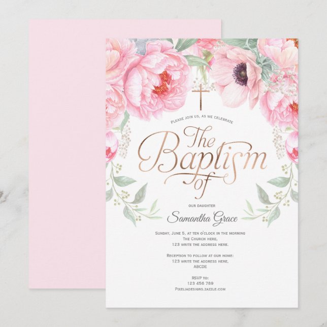 Pink watercolor flowers, Elegant, Girl Baptism Invitation (Front/Back)