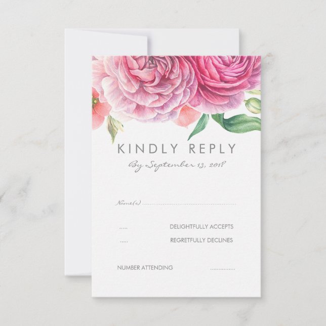 Pink Watercolor Flowers Elegant Wedding RSVP Card (Front)