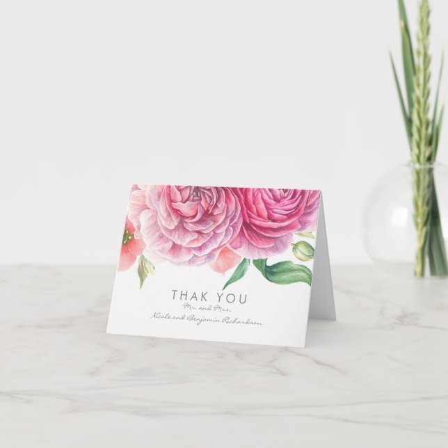 Pink Watercolor Flowers Elegant Wedding Thank You (Front)