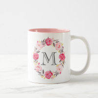 Pink Watercolor Flowers & Faux Gold Foil Monogram