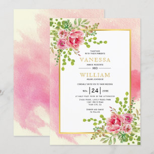Pink watercolor flowers floral boho wedding invitation