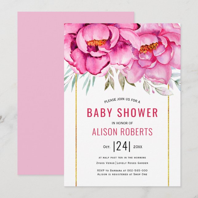 Pink watercolor flowers floral girl Baby shower Invitation (Front/Back)