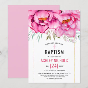 Pink watercolor flowers floral girl Baptism Invitation