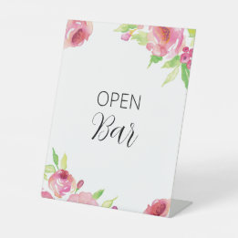 Pink Watercolor Flowers Floral Open Bar Pedestal Sign