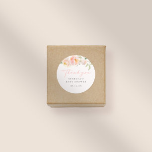 Pink Watercolor Flowers Girl Baby Shower Thank You Classic Round Sticker