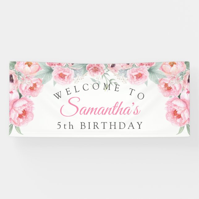 Pink watercolor Flowers, Girl Birthday Banner (Horizontal)