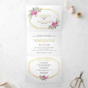 Pink watercolor flowers gold geometric wedding Tri-Fold invitation