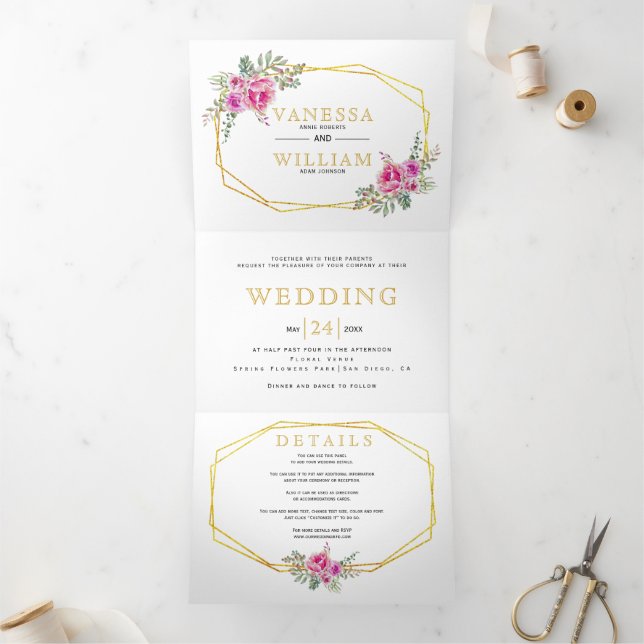 Pink watercolor flowers gold geometric wedding Tri-Fold invitation (Inside)