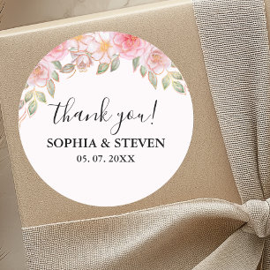 Pink Watercolor flowers Gold Modern Wedding Party Classic Round Sticker