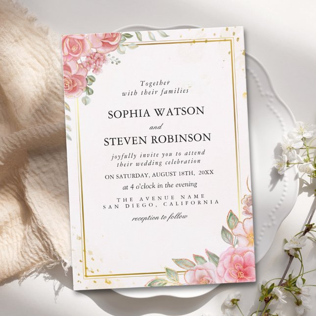 Pink Watercolor flowers Gold Modern Wedding Party  Invitation (Creator Uploaded)