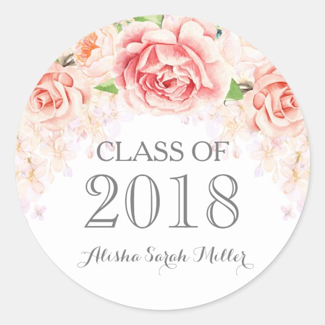 Pink Watercolor Flowers Graduation 2018 Classic Round Sticker (Front)