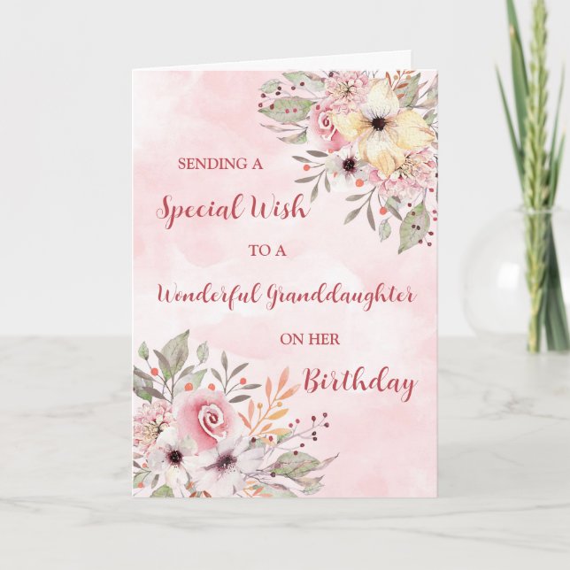 Pink Watercolor Flowers Granddaughter Birthday Card (Front)