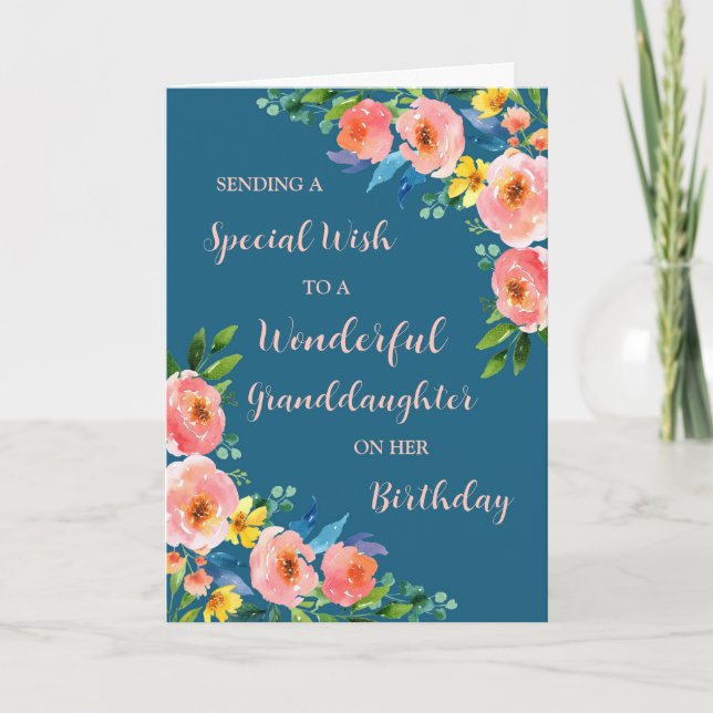 Pink Watercolor Flowers Granddaughter Birthday Card (Front)